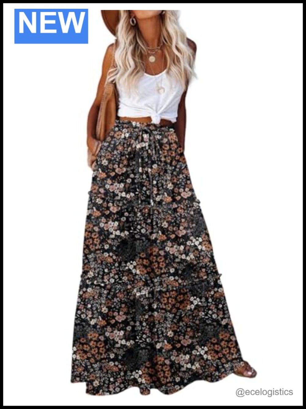 Women's Casual Maxi Skirt Boho Floral Long Flowy with Pockets